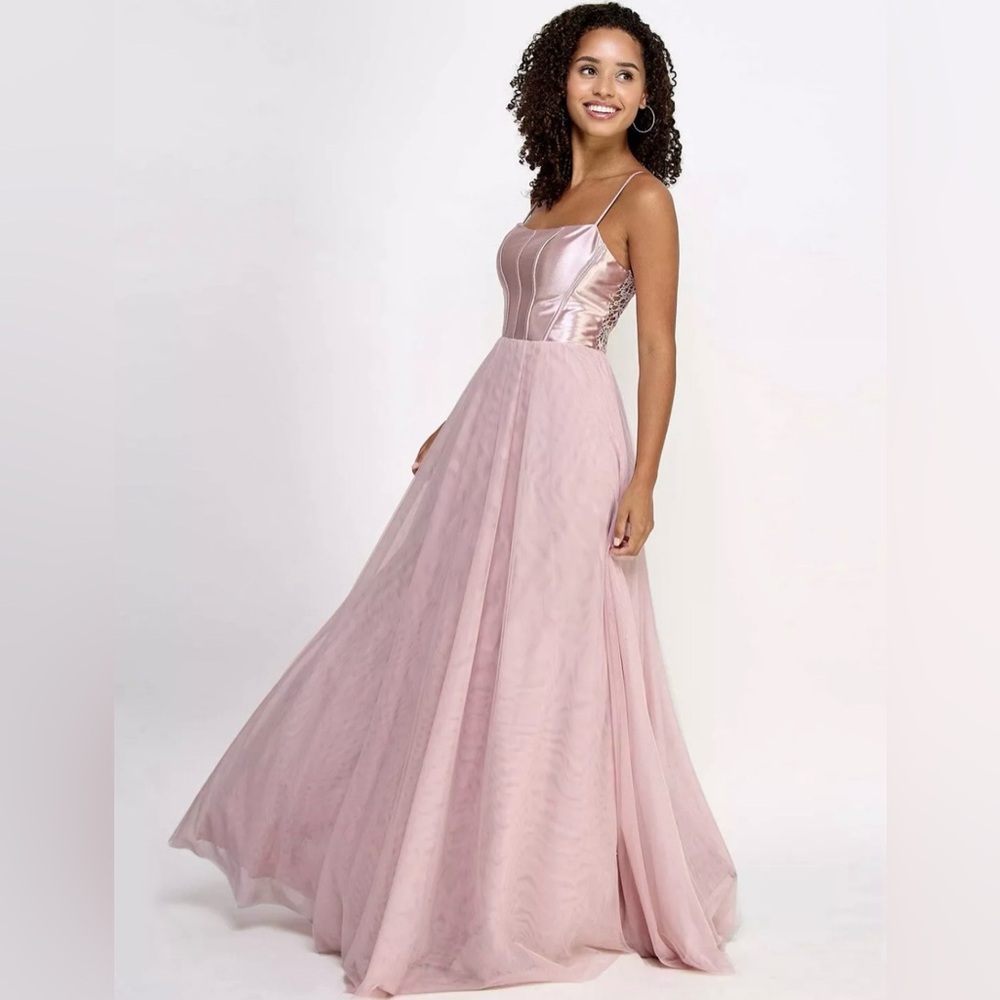 City Studios Juniors Metallic Corset-Bodice Lace-Back Gown French Rose Sz 3/4